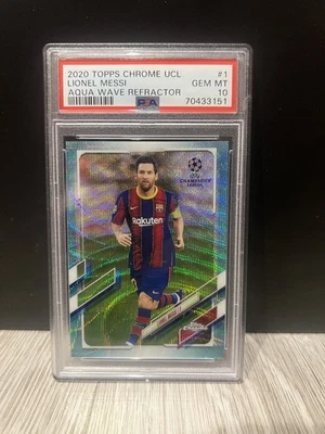 2020-21 Topps Chrome UEFA CL Lionel Messi Barcelona /199 Aqua PSA 10 GEM MT card - Image 1 of 2