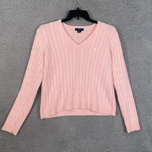 Chaps Sweater Womens Large Pink V Neck Cropped Long Sleeve Cotton Knit - Picture 1 of 10