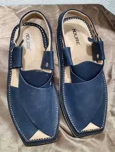 NDure Square Toe Blue Leather Peshawaris Strap Sandals Size 5 (37) - Picture 1 of 6