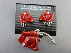 Orecchini Vintage KJL Kenneth Jay Lane ICONICI Rosa Rossa Art Deco Cristallo Spilla/Clip - Foto 1 di 8
