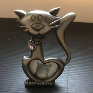 Cornice portafoto vintage simpatica gatto in peltro con disegno cuore viola 4,5"L x 3"W - Foto 1 di 5