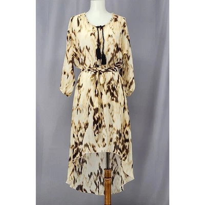 Boston Proper Sheer Overlay Dress Small Cream Brown Belted Snake High Low Boho - Image 1 of 4