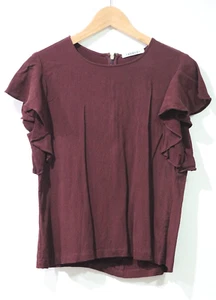 Trenery Women's Blouse Size L Burgundy Textured Flutter Cap Sleeve - Fair Cond. - Picture 1 of 13