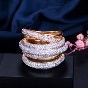 18K White, Rose & Gold Filled Made With SWAROVSKI Crystal Crossover Band Ring - Picture 1 of 4