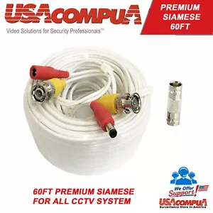 Extender Siamese Wire 60ft PREMIUM CCTV Security Camera Video BNC Adapter - Picture 1 of 5