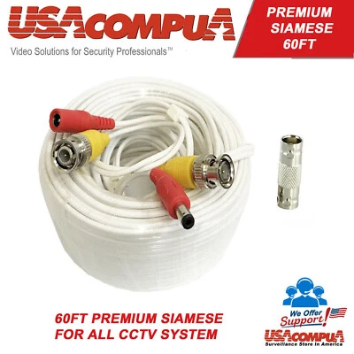  Extensor fio siamês 60 pés PREMIUM CCTV câmera de segurança vídeo adaptador BNC  - Imagem 1 de 4