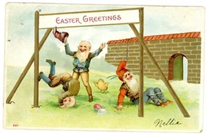 Easter Greetings- SILLY GNOMES PLAYING - Embossed Postcard Fantasy/Chick - Picture 1 of 2