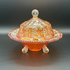 Fenton Marigold Butterfly Berry Carnival Glass Covered Butter Footed w Lid Rare - Picture 1 of 13
