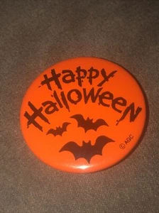 Vintage AGC Happy Halloween Flying Bats Orange Black Button Pin 1.5" Round - Picture 1 of 2