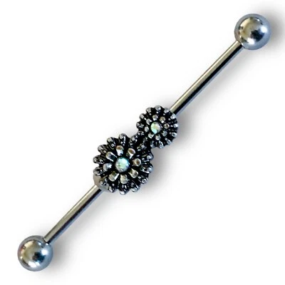 Barra industrial de doble flor bruñida de ópalo sintético circonita cúbica blanca brillante 14 g Foto 1 de 3