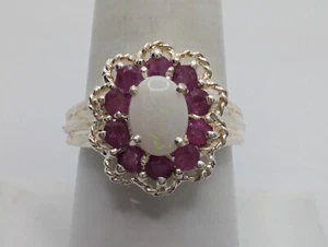 Sterling Silver 925 Opal & Ruby Cluster Ring Size 8.75 - Picture 1 of 8