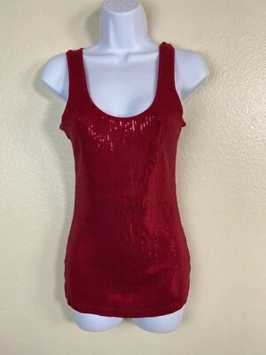 Camiseta sin mangas Express roja con lentejuelas acanaladas para mujer talla pequeña discoteca fiesta evento retro boho Foto 1 de 4