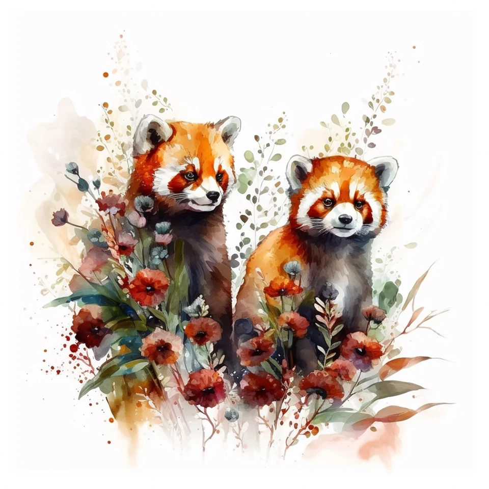 Colorful Watercolor Fantasy Red Panda Floral #4 - 8x8 Craft Cotton Fabric Block - Image 1 of 1