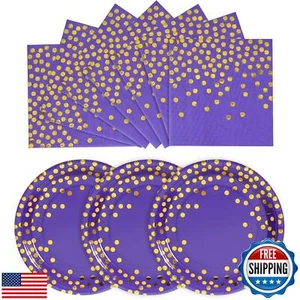 Purple and Gold Paper Plates- 100 Pack- 50 x 9" Dinner Plates and 50 x 6.5" N - Picture 1 of 5