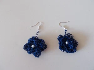Handmade crochet pearls rose flower navy blue dangling earrings - Picture 1 of 1