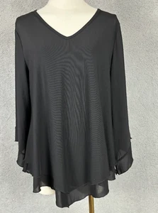 Womens Dress Blouse Double Layered Mesh Shirt Ruffle 3/4 Flared Sleeve Blk L NWT - Picture 1 of 13