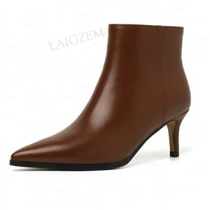 Women Ankle Boots Genuine LEATHER 6CM Mid Heels Booties Pointed Toe Side Zip Up - Picture 1 of 10
