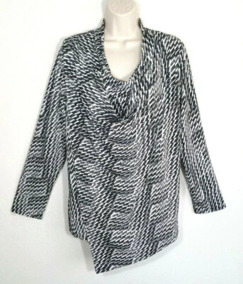 Alfani Large Black White Top Blouse Geometric Long Sleeve Cowl Neck Asymmetrical - Image 1 of 4