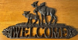 Moose Welcome Sign Rustic Cast Iron Wall Plaque Lodge Cabin Hunting Decor Gift - Picture 1 of 6
