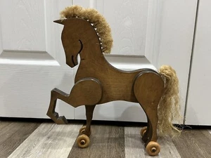 14”x13” Handmade OOAK Horse On Wheels Straw Mane/Tail EUC - Picture 1 of 6