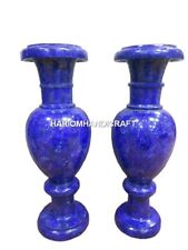 Set of 2 Marble Flower Vase Rare Lapis Lazuli Inlaid Exclusive Stone Decor H570