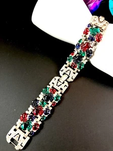 KTF TRIFARI 1936 RHODIUM TRICOLOR TUTTI FRUTTI FRUIT SALAD ART DECO BRACELET - Picture 1 of 11