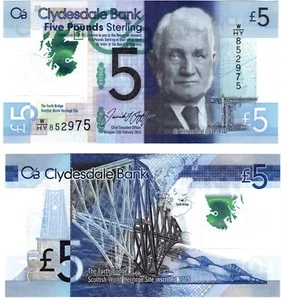 2016 Scotland 5 Pound P229O Banknote UNC Polymer Clydesdale Bank commemorative - Picture 1 of 1