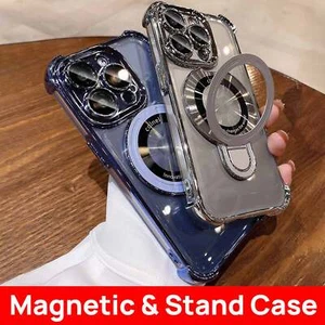 For iPhone 16 Pro Max 15 14 13 12 Magnetic Case Clear Shockproof Kickstand Cover - Picture 1 of 29
