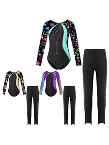 Kids Girls Outfit Performance Leotard Trousers Set Mesh Dancewear Figure Hoodie - Picture 1 of 35