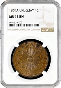 Uruguay 4 centesimos 1869 A, NGC MS62 BN, "Peso (1862 - 1974)" - Picture 1 of 2