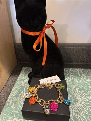 Betsy Johnson Gold Tone Flower & Sugar Skull Charm Bracelet Rhinestone Crystal - Image 1 of 4