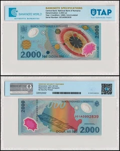 Romania 2000 Lei, 1999, P-111b, UNC, Polymer, Authenticated Banknote - Picture 1 of 1