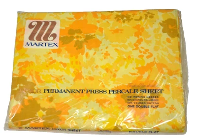 Martex Retro 70's Flat Sheet Yellow Shadow Flower Vtg Floral Double Full NOS - Image 1 of 2