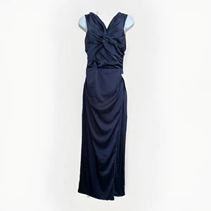 TFNC LONDRES MAXI VESTIDO DE NOCHE DRAPEADO SATÚN MEDIANOCHE AZUL MARINO DAMAS REINO UNIDO 12 Nuevo - Imagen 1 de 10