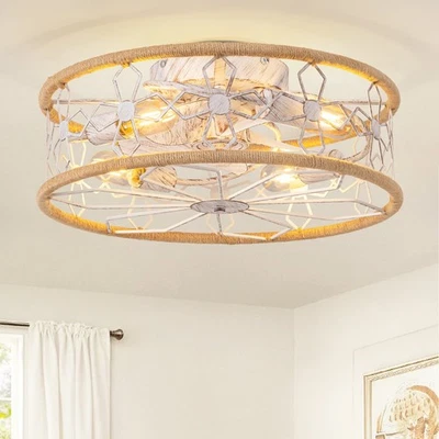 Ventilador de techo enjaulado de ratán de 20" con luz y control remoto Boho ventilador de techo de montaje empotrado Foto 1 de 4