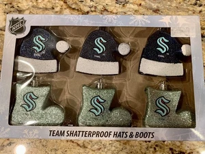 NUEVO NHL Seattle Kraken irrompible Navidad Adornos Sombreros Botas Conjunto de 6 FOCO - Imagen 1 de 5