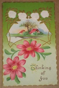 VINTAGE EMBOSSED POSTCARD, THINKING OF YOU, PINK AND WHITE FLOWERS - Picture 1 of 2