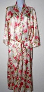 Vintage Expressions Morgenmantel seidiger Satin lang 1X weiß rosa Rosen Blumen Gürtel Krawatte - Bild 1 von 13