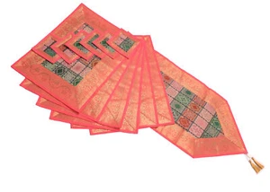 13-tlg. Esstisch Läufer Matte Set Dekor Banarasi Seide Brokat Paisley Mehrfarbig - Bild 1 von 9