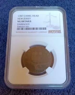 1787 New Jersey Copper, Camel Head Maris 56n, NGC VG details - peripheral damage - Image 1 of 2
