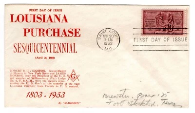 #1020 Louisiana Purchase FDC 1953 Saint Louis MO - Mahdeen Masonic - Image 1 of 2