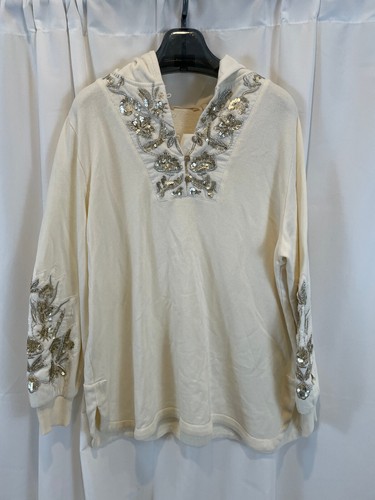 OFF WHITE Felpa con cappuccio donna morbida circonferenza grande panna floreale paillettes manica lunga