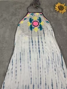 GB L Dress 100% Cotton Embroidered Halter Hippy Boho Long Tie Dye Middle To Maxi - Picture 1 of 13