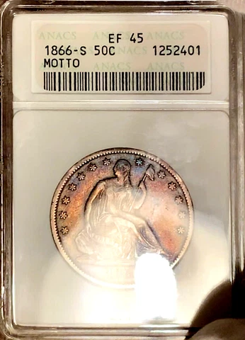 1866-S ~ Seated Liberty 50c ~ ANACS XF45 ~ 1980's holder ~ Great Color TONER!! Cover