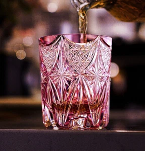 Whisky Glass Tumbler Japanese Style Edo Kiriko Glass Hand Cut To Clear 8oz Pink - Picture 1 of 6