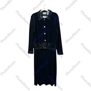 Vintage Kathie Lee Collection 2-teiliges Set XL schwarz Samt Blumenprägung Jacke Kleid - Bild 1 von 7