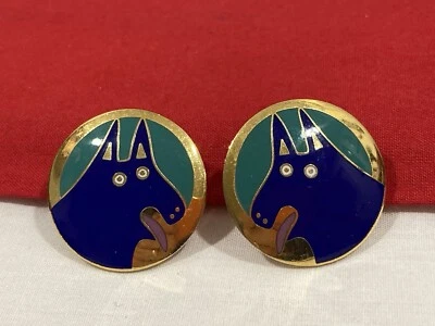 Vintage Laurel Burch “BASSO” DOG Blue and Gold Tone Enamel Post Earrings Signed - Image 1 of 4
