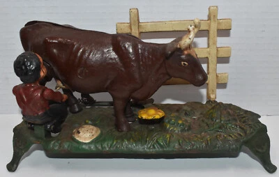 Vintage BOOK OF KNOWLEDGE Milking Cow Cast Iron Mechanical Bank #52 - Image 1 of 4