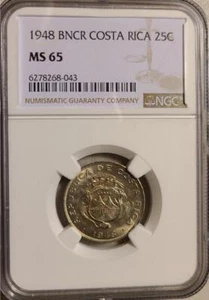 Costa Rica 25 Centimos 1948 BNCR NGC MS 65 - Picture 1 of 2