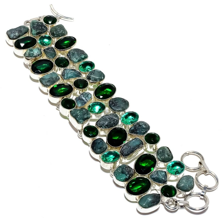 Natural Emerald Rough,Diopside Gemstone 925 Sterling Silver Bracelet 7-8" U871 - Image 1 of 4